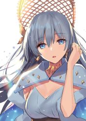 Rule 34 | 1girl, anastasia (fate), blue cape, blue theme, breasts, cape, choker, earrings, fate/grand order, fate (series), floating hair, fur trim, hair between eyes, hair ornament, hand in own hair, haru (hiyori-kohal), jewelry, long hair, looking at viewer, medium breasts, open mouth, silver hair, simple background, solo, strapless, upper body, very long hair, white background