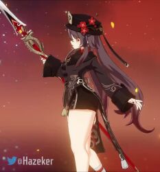 Rule 34 | 1girl, 3d, alternate costume, animated, ass, bad id, bad twitter id, bottomless, brown hair, game, genshin impact, hat, hazeker, holding, holding weapon, hu tao (genshin impact), long hair, long sleeves, lowres, mihoyo, multiple views, polearm, screencap, spear, tagme, thick thighs, thighhighs, thighs, turnaround, video, weapon, wide hips