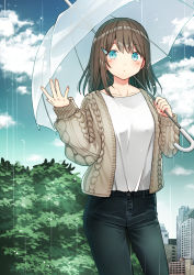 Rule 34 | 1girl, blue eyes, blue pants, blue sky, blush, breasts, brown hair, brown jacket, building, closed mouth, cloud, cloudy sky, collarbone, commentary request, day, denim, fingernails, hair between eyes, hair ornament, hairclip, holding, holding umbrella, jacket, jeans, kurata rine, long hair, long sleeves, looking at viewer, open clothes, open jacket, original, outdoors, pants, puffy long sleeves, puffy sleeves, rain, revision, shirt, sky, skyscraper, sleeves past wrists, small breasts, solo, transparent, transparent umbrella, umbrella, white shirt, white umbrella