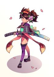 Rule 34 | 1girl, armor, bad id, bad tumblr id, brown eyes, brown hair, comb, female focus, fighting stance, flower, full body, geta, hair flower, hair ornament, hand on hilt, holding, holding sword, holding weapon, japanese armor, japanese clothes, katana, kimono, momohime, oboro muramasa, optionaltypo, ready to draw, sheath, sheathed, short kimono, shoulder armor, sode, solo, standing, sword, thighhighs, vanillaware, weapon