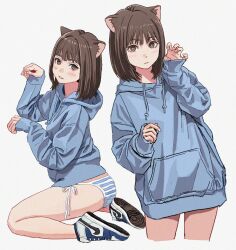Rule 34 | 1girl, absurdres, animal ears, animification, ass, blue hoodie, blunt bangs, blush, bob cut, brown eyes, brown hair, cat ears, cat girl, cowboy shot, enako (cosplayer), flat ass, flat chest, full body, grey background, highres, hood, hood down, hoodie, kneeling, long sleeves, looking at viewer, medium hair, multiple views, nike (company), panties, parted lips, paw pose, petite, real life, shiren (ourboy83), shoes, sleeves past wrists, sneakers, striped clothes, striped panties, thighs, underwear