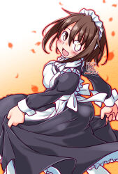 Rule 34 | 1girl, :d, apron, brown hair, clothes lift, dated, dress, frilled hairband, frills, furutaka (kancolle), glowing, glowing eye, hairband, heterochromia, highres, kantai collection, kutone shirika, looking at viewer, looking back, maid, maid apron, open mouth, short hair, skirt, skirt lift, smile, yellow eyes