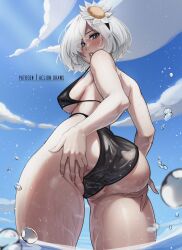 Rule 34 | 1girl, 2b (nier:automata), aelion draws, ass, ass support, bikini, blindfold, blue sky, breasts, flower, hair flower, hair ornament, hair over one eye, highres, huge ass, large breasts, medium breasts, nier, nier:automata, nier (series), outdoors, short hair, sideboob, sky, swimsuit, thick thighs, thighs, wet, white hair