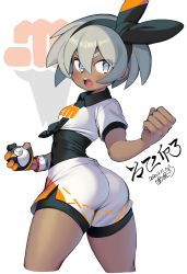 Rule 34 | 1girl, ass, bea (pokemon), black bodysuit, black hairband, blush, bodysuit, bodysuit under clothes, clenched hand, collared shirt, commentary request, creatures (company), dark-skinned female, dark skin, dated, dynamax band, game freak, gloves, grey eyes, grey hair, gym leader, hair between eyes, hairband, highres, holding, holding poke ball, iroyopon, looking back, nintendo, open mouth, poke ball, pokemon, pokemon swsh, print shirt, print shorts, shirt, short hair, short sleeves, shorts, single glove, solo, teeth, tied shirt, tongue, ultra ball, upper teeth only