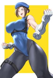 Rule 34 | 1girl, absurdres, alternate costume, anagumasan, bare shoulders, beret, blue hat, blue leotard, breasts, brown eyes, brown hair, clenched hands, covered navel, fingerless gloves, gloves, hair bun, hat, highleg, highleg leotard, highres, holster, juli (street fighter), large breasts, leotard, open mouth, pantyhose, simple background, skin tight, sleeveless, smile, solo, street fighter, street fighter zero (series), teeth, thigh holster, turtleneck, yellow background