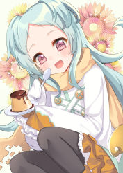 1girl :d beige_background black_pantyhose blush brown_scarf commentary_request dress female_focus floral_background food forehead green_hair highres holding holding_saucer holding_spoon long_hair long_sleeves looking_at_viewer miyako_(princess_connect!) open_mouth pantyhose parted_bangs princess_connect! pudding red_eyes saucer scarf sleeves_past_fingers sleeves_past_wrists smile solo spoon suzu_(minagi) very_long_hair white_dress