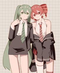 2girls bag bare_shoulders breasts chouti_ttt collarbone collared_shirt drill_hair eyelashes frown green_eyes green_hair hair_between_eyes hashtag-only_commentary hatsune_miku highres holding holding_bag jacket kasane_teto long_hair long_sleeves looking_at_viewer multiple_girls necktie off_shoulder outline pale_color pencil_skirt plaid_clothes plaid_skirt red_eyes red_hair school_uniform shirt simple_background skirt sleeveless smile standing thighhighs twin_drills twintails utau very_long_hair vocaloid white_thighhighs yellow_outline