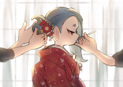 Rule 34 | 1girl, absurdres, applying makeup, asymmetrical hair, blue hair, commentary request, flower, from side, hair bun, hair flower, hair ornament, highres, indoors, japanese clothes, kimono, lipstick, long hair, looking down, makeup, nintendo, octoling, po, red eyes, red lips, shiver (splatoon), short eyebrows, single hair bun, solo focus, splatoon (series), tentacle hair, tying another&#039;s hair, upper body, window, yellow pupils
