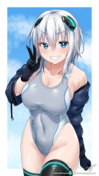 Rule 34 | 1girl, awono nanaumi, black gloves, black jacket, black thighhighs, blue sky, borrowed character, breasts, cleavage, cloud, commentary request, commission, competition swimsuit, covered navel, cowboy shot, gloves, green eyes, grey hair, grey one-piece swimsuit, grin, highres, jacket, large breasts, looking at viewer, one-piece swimsuit, original, short hair, skeb commission, sky, smile, solo, swimsuit, thighhighs
