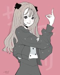 Rule 34 | 1girl, actor, arm up, artist name, black bow, black eyes, black jacket, black skirt, blush, bow, brown hair, character name, closed mouth, hair bow, hand on own arm, hand up, heart, heart print, high-waist skirt, highres, jacket, long hair, long sleeves, looking at viewer, open clothes, open jacket, pink background, print shirt, real life, sally (allogkk), shirt, simple background, skirt, smile, solo, standing, translated, umehara saeri, upper body, wavy hair, white shirt
