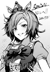 Rule 34 | 1girl, absurdres, animal ears, bow, bowtie, breasts, crown, dated, greyscale, grin, happy birthday, highres, horse ears, looking at viewer, mini crown, monochrome, puffy short sleeves, puffy sleeves, reon (dainagon azuki), school uniform, short hair, short sleeves, small breasts, smile, solo, sparkle, t.m. opera o (umamusume), tracen school uniform, umamusume, upper body, zipper