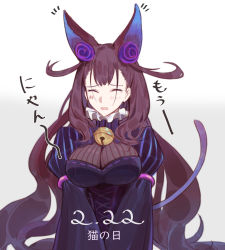 Rule 34 | 1girl, black dress, breasts, brown hair, cat day, cat tail, csyday, date pun, dated, double bun, dress, fate/grand order, fate (series), hair between eyes, hair bun, hair ears, hair ornament, highres, juliet sleeves, large breasts, long hair, long sleeves, murasaki shikibu (fate), number pun, puffy sleeves, solo, tail, two side up, very long hair