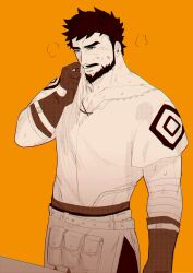 Rule 34 | 1boy, apron, bandaged arm, bandages, bara, beard, bee (chipbee), black eyes, black hair, blacksmith, blush, breath, cross-laced slit, facial hair, genshin impact, highres, male focus, mature male, muscular, muscular male, mustache, orange theme, pectoral cleavage, pectorals, short hair, solo, sweat, thick eyebrows, wagner (genshin impact), waist apron, wiping face, wiping sweat