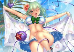 Rule 34 | ;d, bikini, blue bikini, blue sky, blurry, blurry background, bow, bracelet, breasts, cleavage, commentary request, flower, frilled bikini, frills, green bow, green eyes, green hair, hair flower, hair ornament, heart, jewelry, komeiji koishi, komeiji koishi (the excited eyes of love), large breasts, leg up, lens flare, looking at viewer, one eye closed, open mouth, outdoors, outstretched arms, palm tree, parasol, plaid, plaid bikini, red flower, short hair, shounen (hogehoge), sky, smile, starfish, swimsuit, third eye, touhou, touhou lostword, towel, tree, umbrella, variant set