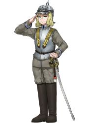 Rule 34 | 1girl, absurdres, anyan (jooho), armor, belt, black footwear, blonde hair, boots, closed mouth, full body, green eyes, grey headwear, grey jacket, grey pants, hand on own hip, helmet, highres, jacket, long sleeves, looking at viewer, military, military uniform, original, pants, pants tucked in, plate armor, salute, sheath, sheathed, simple background, solo, standing, sword, thigh boots, thighhighs, uniform, weapon, white background, world war i