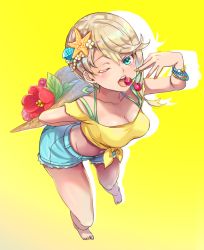 Rule 34 | 1girl, arm behind back, bare arms, bare legs, barefoot, blonde hair, blue eyes, blue shorts, blush, breasts, cherry, cleavage, collarbone, commentary, commentary request, earrings, eating, english commentary, flower, food, fruit, full body, hair flower, hair ornament, jewelry, kicori, medium breasts, midriff, nail polish, navel, one eye closed, orange nails, original, pink flower, red flower, shell hair ornament, shirt, short hair, shorts, solo, star (symbol), star hair ornament, teeth, tongue, tongue out, wristband, yellow shirt
