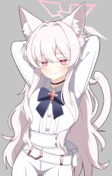 Rule 34 | 1girl, absurdres, akira (blue archive), animal ears, blue archive, cat ears, colored eyelashes, highres, long sleeves, looking at viewer, shirt, smile, solo, sprout (haji s), white hair, white shirt