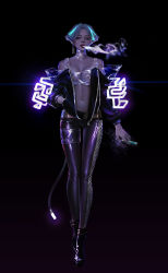 Rule 34 | 1girl, absurdres, ankle boots, barcode, belt, blue hair, boots, breasts, choker, cleavage, crooked monkey, cyberpunk, ear tag, electronic cigarette, full body, glowing tail, gold trim, hand in pocket, highres, jacket, lens flare, light purple hair, lips, lipstick, long legs, looking at viewer, makeup, medium breasts, multicolored hair, navel, neon lights, neon trim, nipple slip, nipples, nose, off-shoulder jacket, off shoulder, open clothes, open jacket, original, pants, parted lips, platform boots, platform footwear, ringed eyes, see-through, short hair, smoke, smoking, solo, streaked hair, tail, thigh gap, tight clothes, tight pants, very short hair, walking