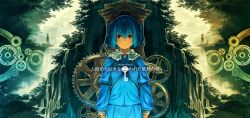 Rule 34 | 1girl, backpack, bag, blue eyes, blue hair, cover, female focus, forest, gears, hair bobbles, hair ornament, hat, kawashiro nitori, key, kitsune (kazenouta), long sleeves, matching hair/eyes, nature, randoseru, short hair, short twintails, silhouette, solo, touhou, twintails, two side up