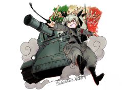 Rule 34 | anchovy (girls und panzer), anzio military uniform, artist name, bad id, bad pixiv id, belt, black neckwear, black ribbon, boots, carro armato p40, character name, commentary request, dated, drill hair, english text, flag background, floating, girls und panzer, green hair, grey pants, hair ribbon, happy birthday, holding, holding riding crop, italian flag, knee boots, long hair, military, military vehicle, motor vehicle, necktie, open mouth, pants, pointing, red eyes, ribbon, riding crop, sam browne belt, signature, smirk, smoke, sparkle, tank, tsukasa-emon, twin drills, twintails, twitter username