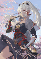 Rule 34 | 1girl, armor, ayaka (genshin impact), blue eyes, blunt bangs, breasts, bridal gauntlets, cherry blossoms, choker, commentary, english commentary, eyelashes, folded fan, folding fan, genshin impact, hair ribbon, hand fan, highres, holding, holding fan, iiumiarts, japanese armor, japanese clothes, long hair, mole, mole under eye, parted lips, petals, ponytail, red ribbon, ribbon, small breasts, solo, tassel, very long hair, white hair, yellow choker
