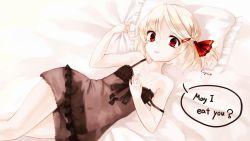 Rule 34 | 1girl, artist name, bad id, bad pixiv id, bare shoulders, black panties, blonde hair, chemise, cross, cross necklace, female focus, hair ornament, hair ribbon, hairpin, highres, jewelry, lispict, lying, necklace, panties, red eyes, ribbon, rumia, see-through, short hair, solo, strap slip, tongue, tongue out, touhou, underwear, underwear only