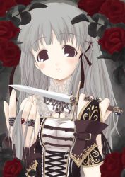 Rule 34 | 1girl, belt, blush, cutting hair, cutting own hair, dagger, flower, gloves, grey hair, hair ornament, hair ribbon, hairclip, holding, holding hair, jewelry, knife, long hair, mikazukimo, necklace, open mouth, reverse grip, ribbon, ring, rose, solo, very long hair, weapon
