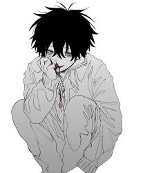 Rule 34 | 1boy, blood, blood on clothes, blood on face, bloodshot eyes, greyscale, hair between eyes, highres, imai akira, jacket, long sleeves, male focus, messy hair, monochrome, open mouth, original, pants, simple background, sketch, solo, spot color, track jacket
