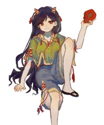 Rule 34 | 1girl, black hair, black shorts, closed mouth, foot out of frame, green shirt, highres, holding, holding skull, horns, long hair, nippaku zanmu, oni horns, red eyes, sandals, shirt, short sleeves, shorts, simple background, skull, smile, solo, touhou, white background, youshouhaoxianzhe