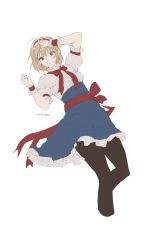 Rule 34 | 1girl, ahoge, alice margatroid, artist name, black pantyhose, blonde hair, blouse, blue eyes, blue skirt, bow, bowtie, breasts, capelet, chinese commentary, closed mouth, dated, earrings, from above, hair between eyes, hairband, hand on own head, high-waist skirt, highres, jewelry, looking at viewer, lying, medium breasts, meng ziya, mixed-language commentary, nail polish, on back, pantyhose, puffy short sleeves, puffy sleeves, red bow, red bowtie, red nails, red ribbon, ribbon, shirt, short hair, short sleeves, simple background, skirt, solo, touhou, white background, white capelet, white shirt, wrist cuffs