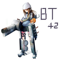 Rule 34 | 10s, 1girl, armor, backpack, bag, blue hat, blue jacket, blue skirt, brown eyes, brown hair, bt-42, cannon, carrying, closed mouth, commentary, girls und panzer, greaves, gun, hat, headphones, highres, holding, holding gun, holding weapon, instrument, jacket, jinguu (4839ms), kantele, keizoku military uniform, long hair, long sleeves, looking at viewer, mecha musume, mika (girls und panzer), military, military uniform, military vehicle, miniskirt, motor vehicle, one eye closed, pleated skirt, raglan sleeves, shield, shovel, simple background, skirt, smirk, solo, standing, tank, track jacket, uniform, weapon, wheel, white background
