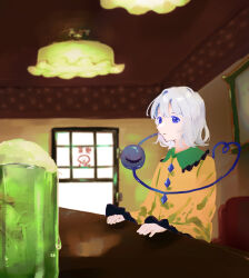 Rule 34 | 1girl, absurdres, alternate hair color, armchair, blue eyes, blue gemstone, blurry, blurry background, bob cut, cafe, ceiling light, chair, closed mouth, condensation, cream soda, day, diamond (shape), expressionless, eyelashes, frilled shirt collar, frilled sleeves, frills, gem, glass, highres, ice, ice cube, indoors, komeiji koishi, long sleeves, looking at viewer, s u d, shirt, sitting, solo, sunlight, table, third eye, touhou, upper body, white hair, window, yellow shirt