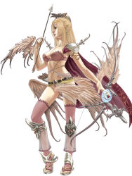 Rule 34 | 1990s (style), 1girl, armor, arrow (projectile), blonde hair, blue eyes, bow (weapon), bra, breasts, cape, female focus, final fantasy, final fantasy iv, full body, highres, lingerie, long hair, minh do, navel, retro artstyle, rosa farrell, sandals, simple background, solo, thighhighs, underwear, weapon, wings