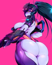 Rule 34 | 1girl, ass, back cutout, black gloves, blue hair, breasts, clothing cutout, colored skin, cowboy shot, female focus, gloves, head-mounted display, highres, huge ass, large breasts, lipstick, long hair, looking at viewer, looking back, makeup, nail polish, overwatch, overwatch 1, ponytail, purple hair, purple skin, purple theme, simple background, slugbox, solo, standing, very long hair, visor, widowmaker (overwatch), yellow eyes