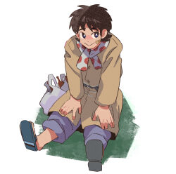 Rule 34 | 1boy, :&gt;, absurdres, atsuize pen-chan, bag, bandaid, bandaid on cheek, bandaid on face, black eyes, black hair, bright pupils, brown coat, closed mouth, coat, commentary request, full body, grey footwear, grey pants, hands on own knees, highres, inudori, long sleeves, looking at viewer, male focus, medium bangs, neckerchief, pants, plastic bag, polka dot neckerchief, sandals, short hair, sitting, smile, solo, watanabe yuuichi, white background, white neckerchief, white pupils