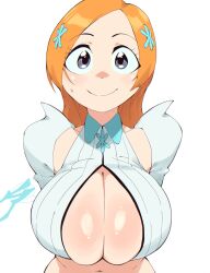 Rule 34 | 1girl, aetherion, arms behind back, bleach, blush, breasts, cleavage, closed mouth, detached sleeves, grey eyes, highres, huge breasts, inoue orihime, long hair, looking at viewer, navel, orange hair, simple background, skindentation, smile, solo, sweat, upper body, white background