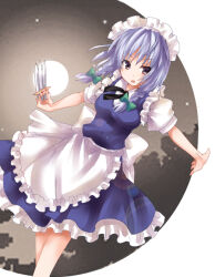 Rule 34 | 1girl, apron, between fingers, blue dress, bow, braid, commentary request, dress, dutch angle, feet out of frame, full moon, green bow, grey eyes, grey hair, hair bow, holding, izayoi sakuya, knife, looking at viewer, maid, maid apron, maid headdress, medium hair, momozakura nanao, moon, open mouth, puffy short sleeves, puffy sleeves, short sleeves, solo, throwing knife, touhou, twin braids, v-shaped eyebrows, waist apron, waist bow, weapon, white apron, white bow