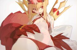 1girl absurdres bikini blonde_hair comugikun criss-cross_halter crown fate/grand_order fate_(series) flat_chest gloves halterneck hand_on_own_stomach highres looking_at_viewer lying medium_hair navel nero_claudius_(fate) on_back open_mouth queen_draco_(fate) queen_draco_(second_ascension)_(fate) red_bikini red_eyes simple_background single_glove smile solo swimsuit tail upper_body white_background white_gloves