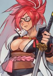 Rule 34 | 1girl, amputee, baiken, big hair, breasts, cleavage, eyepatch, facial tattoo, guilty gear, guilty gear strive, highres, holding, holding weapon, japanese clothes, katana, kimono, large breasts, long hair, one-eyed, open clothes, open kimono, pink hair, ponytail, samurai, sash, scar, scar across eye, scar on face, solo, sword, tattoo, uncle rabbit ii, upper body, weapon