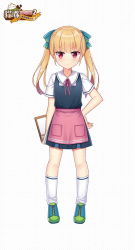Rule 34 | 1girl, apron, blonde hair, blue bow, blue dress, blush, bow, character request, closed mouth, collared shirt, dress, full body, green footwear, hair bow, hand on own hip, hitsuki rei, holding, long hair, looking at viewer, neck ribbon, official art, pink apron, pleated dress, red eyes, red ribbon, ribbon, shirt, shoes, short sleeves, sidelocks, sleeveless, sleeveless dress, snowdreams -lost in winter-, socks, solo, standing, twintails, uniform, v-shaped eyebrows, waist apron, waitress, white shirt, white socks