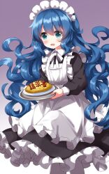 Rule 34 | 1girl, alternate costume, apron, black dress, blue eyes, blue hair, blush, bow, bowtie, collared dress, commentary, dress, drooling, enmaided, feet out of frame, floating hair, food, frilled apron, frilled dress, frills, gradient background, highres, holding, holding food, holding plate, ketchup, long dress, long hair, long sleeves, looking ahead, maid, maid apron, maid headdress, mouth drool, open mouth, plate, purple background, ruu (tksymkw), solo, standing, touhou, translation request, wavy hair, white apron, white background, white bow, white bowtie, yorigami shion