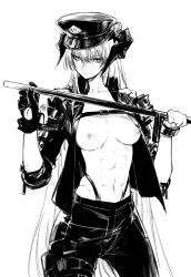 Rule 34 | 1girl, abs, absurdres, arknights, bracelet, breasts, dragon girl, dragon horns, enpix, gloves, greyscale, hair between eyes, hands up, hat, highres, holding baton, horns, jacket, jewelry, long hair, long sleeves, looking at viewer, monochrome, navel, nipples, no bra, no shirt, official alternate costume, open clothes, open jacket, pants, saria (arknights), saria (the law) (arknights), single glove, small breasts, solo, very long hair