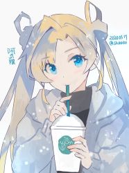 Rule 34 | 1girl, black sweater, blonde hair, blue eyes, blush, character request, closed mouth, double bun, drinking straw, grey jacket, hands up, holding, hood, hooded jacket, jacket, kantai collection, kasumi (skchkko), long hair, long sleeves, looking at viewer, drinking, solo, starbucks, sweater, twintails