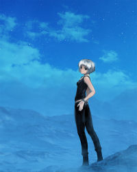 Rule 34 | 1girl, bad id, bad pixiv id, bare shoulders, black eyes, blue theme, bracelet, cloud, fashion, from behind, hand on own hip, highres, jewelry, landscape, light smile, looking back, original, otakeyan, pants, short hair, silver hair, sky, solo, standing, star (sky), starry sky, tank top