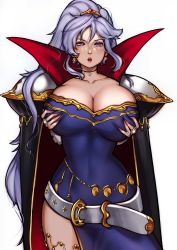 Rule 34 | 1girl, absurdres, armor, grabbing another&#039;s breast, breast hold, breasts, cape, cleavage, curtains, fire emblem, fire emblem: genealogy of the holy war, grabbing, highres, huge breasts, ishtar (fire emblem), lipstick, makeup, mariezone, navel, nintendo, open mouth, pauldrons, pelvic curtain, purple hair, shoulder armor, skindentation