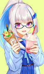 Rule 34 | 1girl, :d, blue-framed eyewear, blue bow, blue cardigan, blue serafuku, blue shirt, blue skirt, blush, bow, cardigan, commentary request, crepe, cup, disposable cup, drinking straw, food, glasses, green background, hachinatsu, hair ornament, hands up, high ponytail, holding, holding cup, holding food, lize helesta, long sleeves, looking at viewer, multicolored hair, nijisanji, open cardigan, open clothes, open mouth, pleated skirt, pocky, ponytail, purple eyes, sailor collar, school uniform, sebastian piyodore, semi-rimless eyewear, serafuku, shirt, sidelocks, silver hair, simple background, skirt, sleeves past wrists, smile, solo, two-tone hair, under-rim eyewear, virtual youtuber, white sailor collar