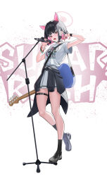 Rule 34 | 1girl, absurdres, animal ears, belt, black choker, black footwear, black hair, black jacket, black socks, blue archive, blush, cat ears, choker, clothes around waist, colored inner hair, electric guitar, extra ears, full body, guitar, halo, highres, instrument, jacket, jacket around waist, kazusa (band) (blue archive), kazusa (blue archive), looking at viewer, microphone, microphone stand, multicolored hair, official alternate costume, ojisan kamo shiremasen, open mouth, pink hair, pink halo, pleated skirt, red eyes, shirt, shoes, short hair, short sleeves, simple background, skirt, socks, solo, thigh belt, thigh strap, white background, white shirt, white skirt