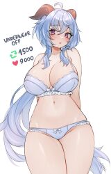 Rule 34 | 1girl, absurdres, ahoge, arms behind back, blue bra, blue hair, bow, bow panties, bra, breasts, cleavage, commentary, cowboy shot, english commentary, english text, ganyu (genshin impact), genshin impact, hair between eyes, highres, horns, large breasts, long hair, looking at viewer, meme, navel, nemuaki, panties, purple eyes, simple background, solo, standing, stomach, thick thighs, thighs, twitter strip game (meme), underwear, underwear only, very long hair, white background