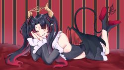 Rule 34 | 1girl, bed, black hair, blush, commission, demon girl, demon horns, demon tail, demon wings, dress, ears, eyebrows, eyelashes, highres, horns, idol corp, lily sin, looking at viewer, multicolored hair, orange eyes, pointy ears, shoes, simple background, skirt, tail, virtual youtuber, wings