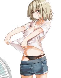 Rule 34 | 1girl, alternate costume, black panties, blush, breasts, cleavage, clothes lift, cowboy shot, denim, denim shorts, fanning crotch, fate/grand order, fate (series), groin, hand fan, highres, jeanne d&#039;arc (fate), jeanne d&#039;arc alter (avenger) (fate), jeanne d&#039;arc alter (fate), looking at viewer, mochi chuuyuu, navel, panties, shirt, shirt lift, short hair, shorts, solo, underwear, white background, white shirt